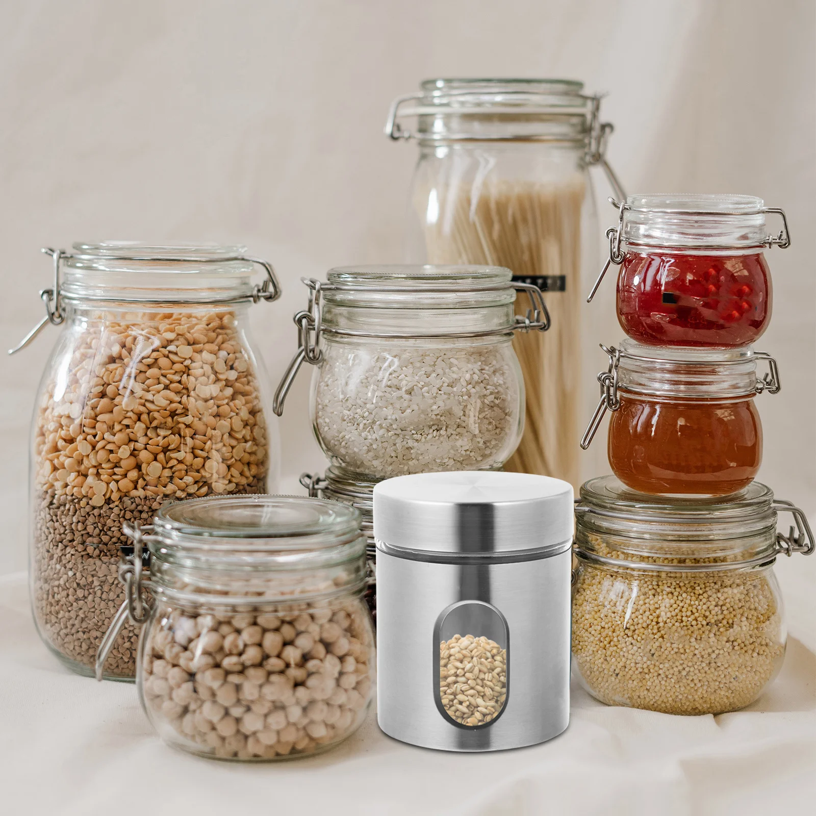 

1Pcs Sealing Storage Jar Glass Stainless Steel Airtight Container for Kitchen Use Spice Coffee Salt Coarse Grain Dried Food