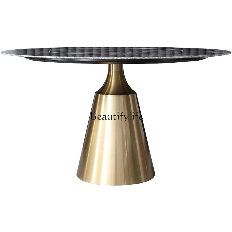 

Built-in rock slab dining table stainless steel titanium built-in turntable rotating bright light