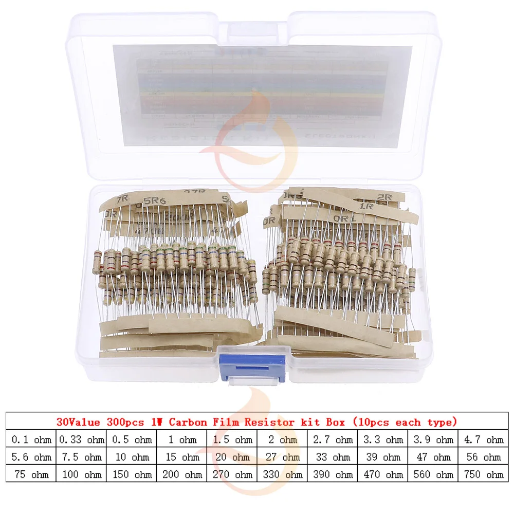 Kit de Resistor de Filme de Carbono Sortido com Caixa, 1/8W, 1/4W, 1/2W, 1W, 2W, 3W, 5W, 5% 0 Ohm, 10m, ohm, 1K, 2K, 5,1 K, 10K, 47K 100K 220K 470K