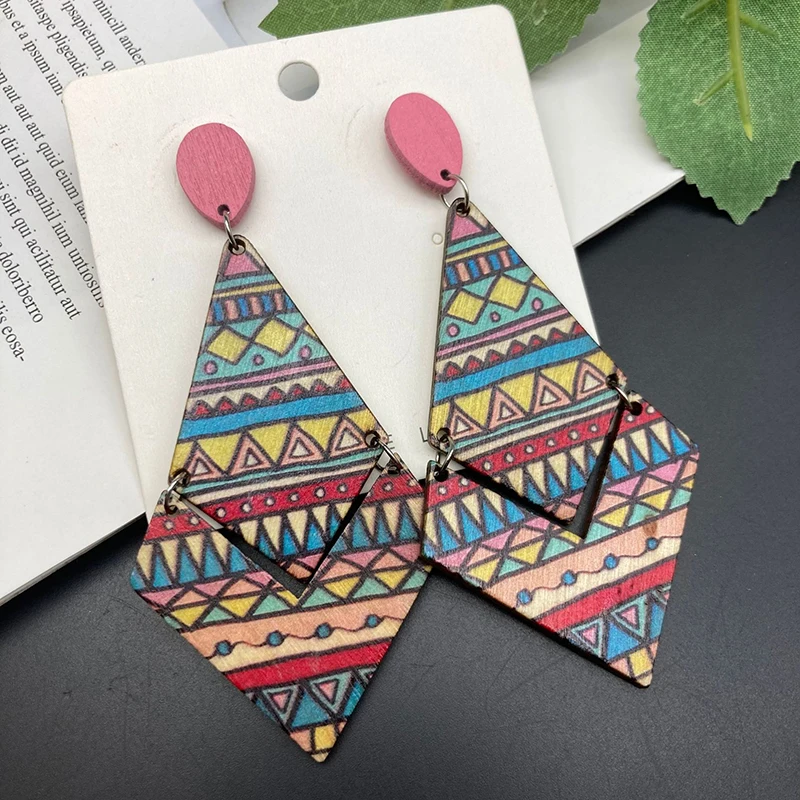 Mode Vintage bemalt große Holz Ohrringe ethnische übertriebene Muster geometrische Aussage Tropfen Ohrringe Urlaub Party Schmuck – Detail 14