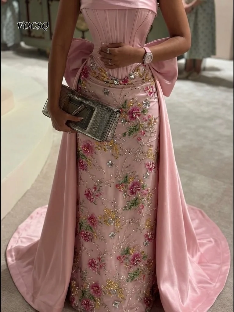 Prom Dresses Luxury Pink Strapless Boned Corset Colorful Floral Rhinestone Mermaid Satin Bow Overlay Evening Gown ﻿Customized