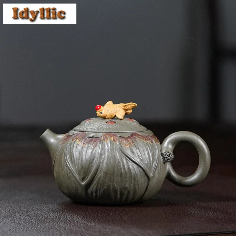 

250ml Yixing Purple Clay Teapots Handmade Fish Playing Lotus Leaves Pot Raw Ore Green Section Mud Kettle With Infuser Zisha Tea