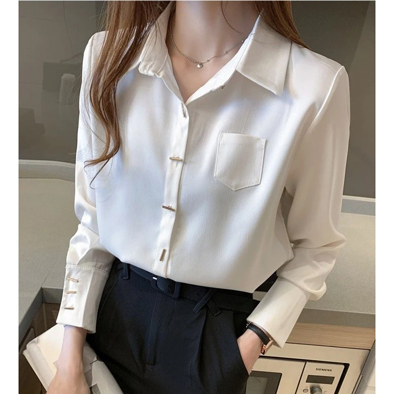 

Gidyq Korean Women Chiffon Shirts Fashion Designed Button Female Loose Blouse Spring Elegant All Match Office Ladies Shirt New