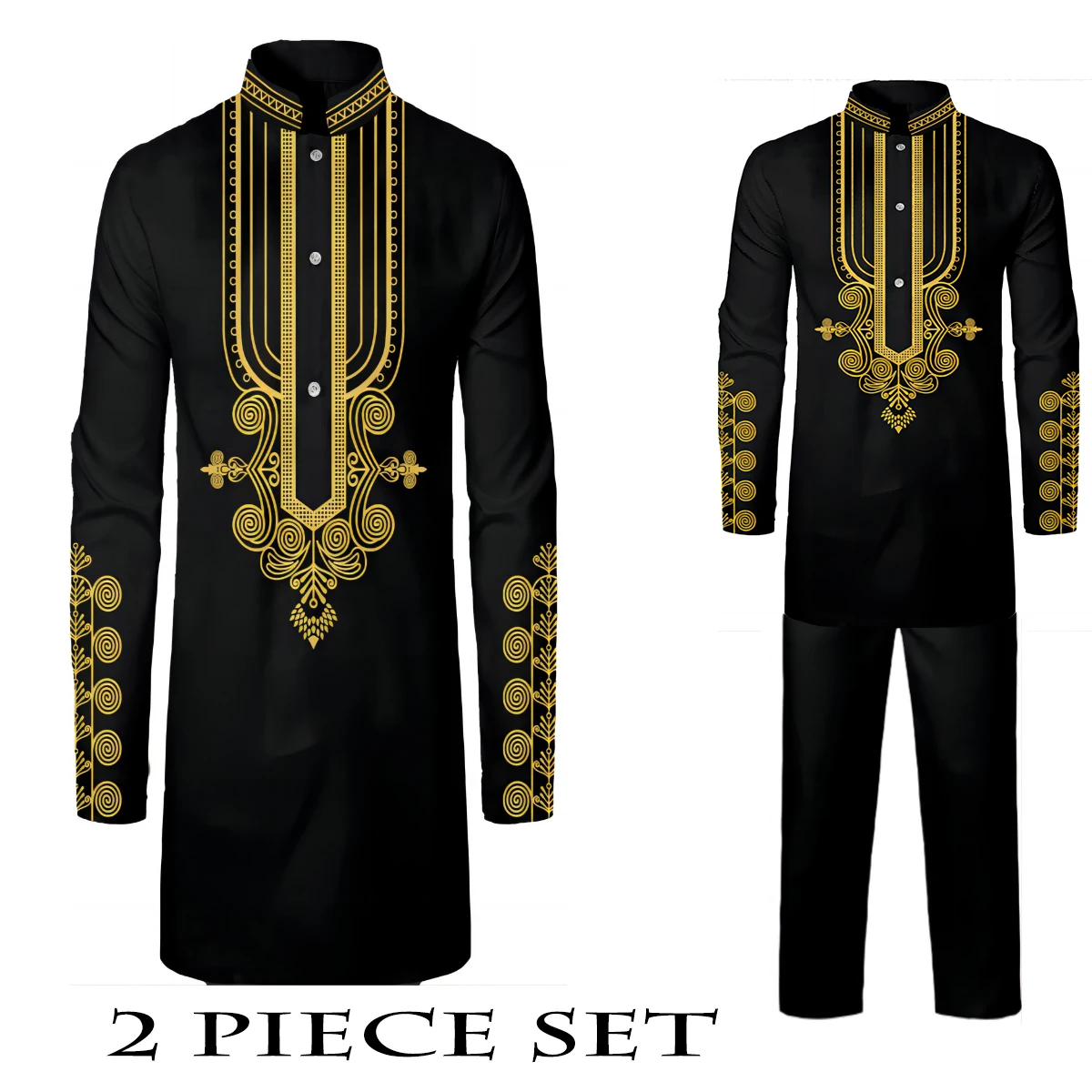 2pcs Embroidered Men\'s Cultural Outfit - Stand Collar Robe & Drawstring Trousers