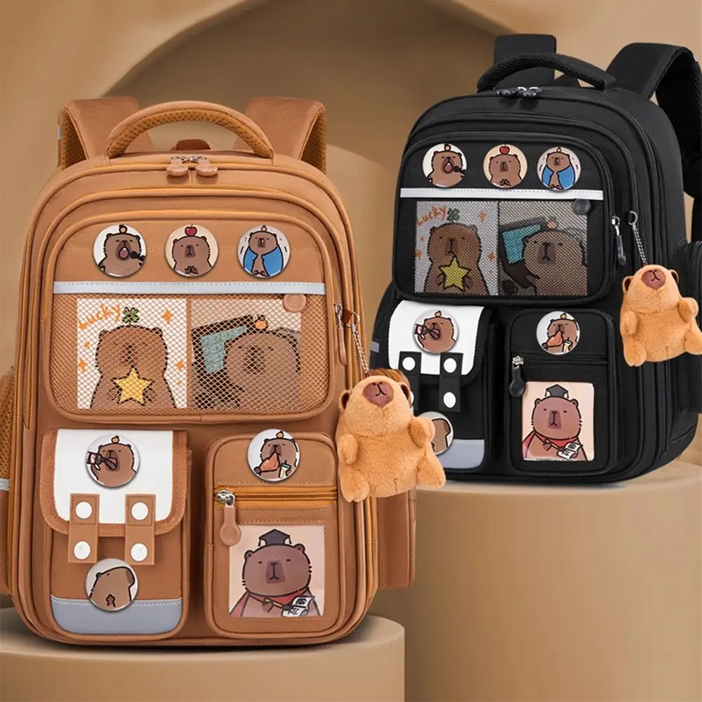 Waterproof Capybara Backpack with Card Badge Doll Large Capacity School Bag Widen Straps Alleviate Burden Backpack for Students