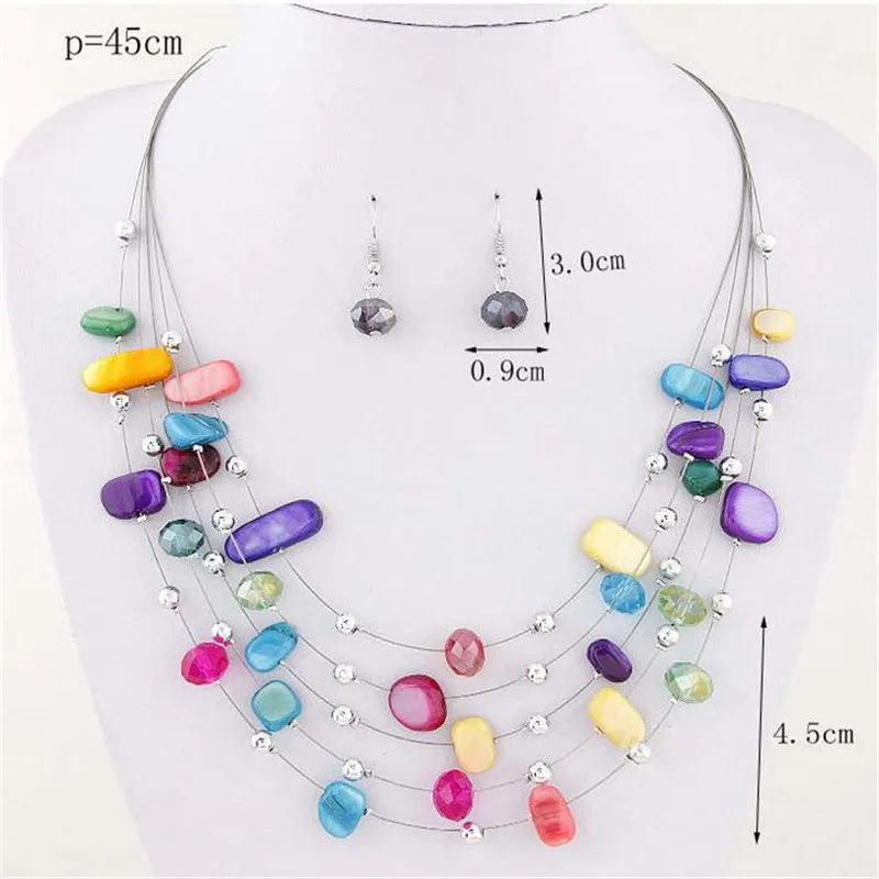 Fashion Bohemian Handmade Multilayer Crystal Shell Choker Pendant Necklace Earring for Women Statement Jewelry Set Wedding Party