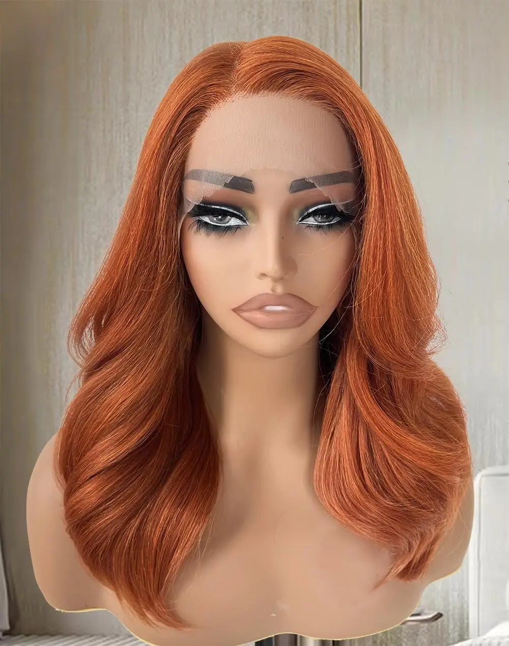 Laranja Gengibre Colorido Onda Do Corpo Do Laço Frontal Peruca, Cabelo Humano Brasileiro, Pré-arrancadas Bob Perucas, HD, 13x4