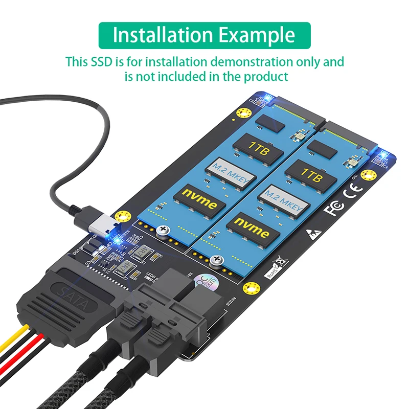 M2 SSD Adapter Dual M.2 NVME M Key to Dual SFF-8643 Riser Board with SATA Type C Power Supply Support 2230 2242 2260 2280 M2 SSD