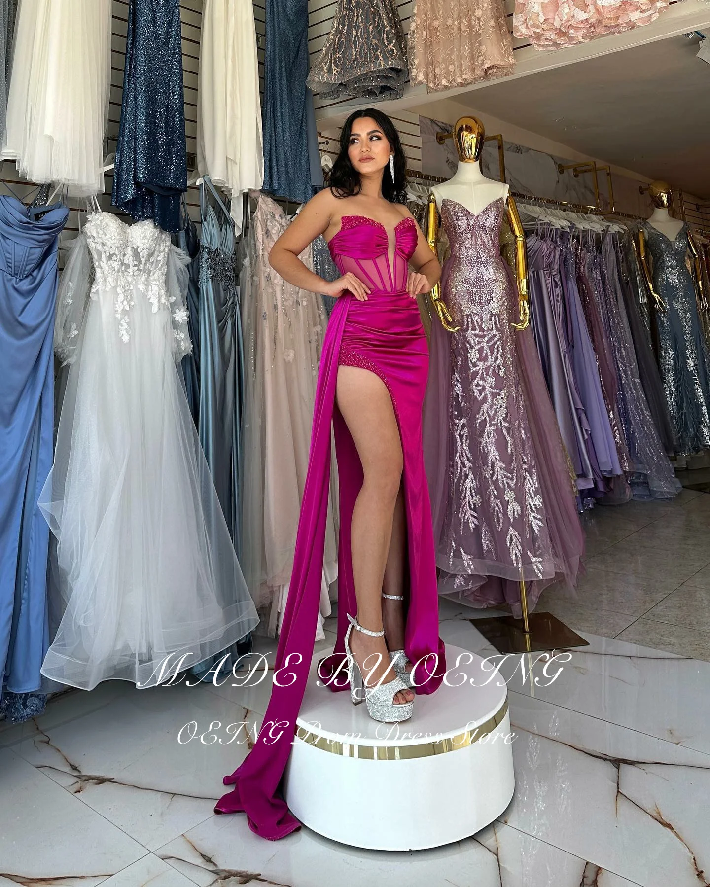 OEING Sexy Fuchsia Prom Dresses Elegant Strapless High Split Neck Evening Dress Special Occasion Gown Vestidos De Noche