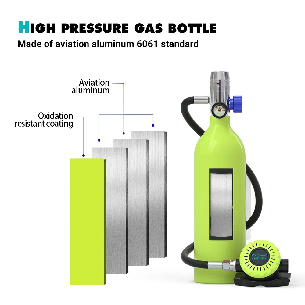 Chikadiv 1L Mini Scuba Diving Equipment Portable Oxygen Cylinder Hand Pump for Snorkeling Underwater Breath Gear Set