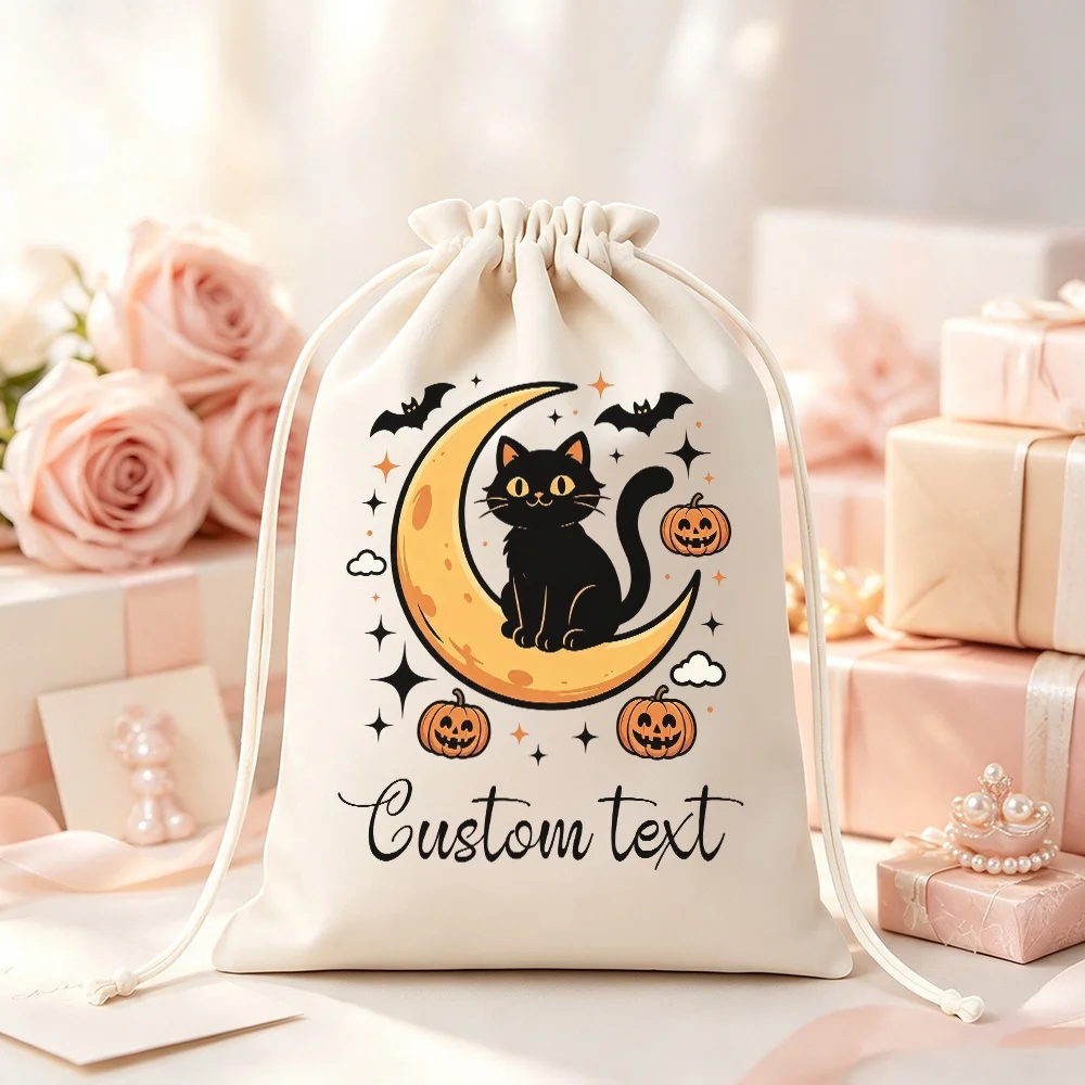 1Pc Custom Name/Text Halloween Imitation Hemp Gift Bag,Black Cat Moon Pumpkin Bat Pattern Design Drawstring Closure Storage Bags