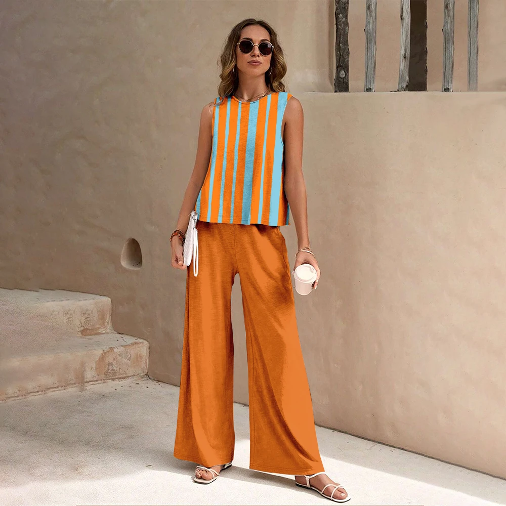 Casual Women\'s Striped Print Suit Clothing Tank Top And Trousers 2 Piece Outfits Summer New O-neck Vest Wide Leg Long Pants Set