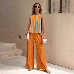 Casual Women's Striped Print Suit Clothing Tank Top And Trousers 2 Piece Outfits Summer New O-neck Vest Wide Leg Long Pants Set