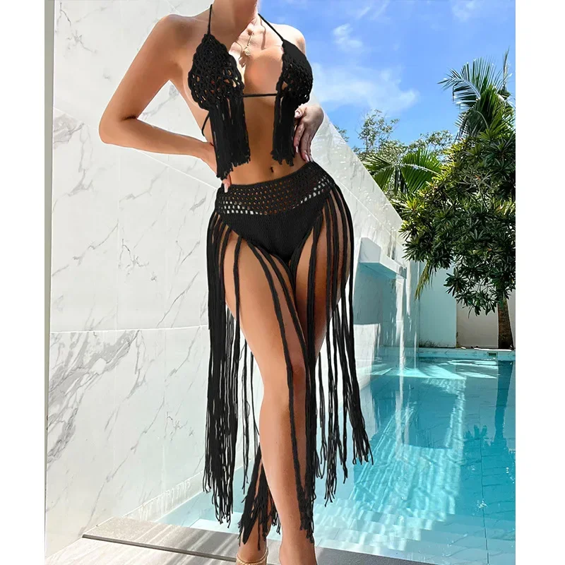 Two Piece Knit Crochet Swimsuits for Women 2023 Beachwear Push Up Halter Tie Up Tassel Bra with Bottom Cover Up Bikini Sets