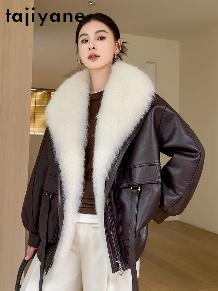 TAJIYANE سترة جلدية من جلد الغنم امرأة الثعلب الفراء طوق أوزة أسفل معاطف قصيرة سترات من الجلد الحقيقي 2025 ملابس الشتاء النساء long cokт #3