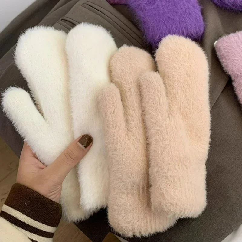 Guantes de punto de piel de conejo de imitación para mujer, manoplas suaves de dedos completos, elasticidad sólida de Cachemira, mantener el calor,