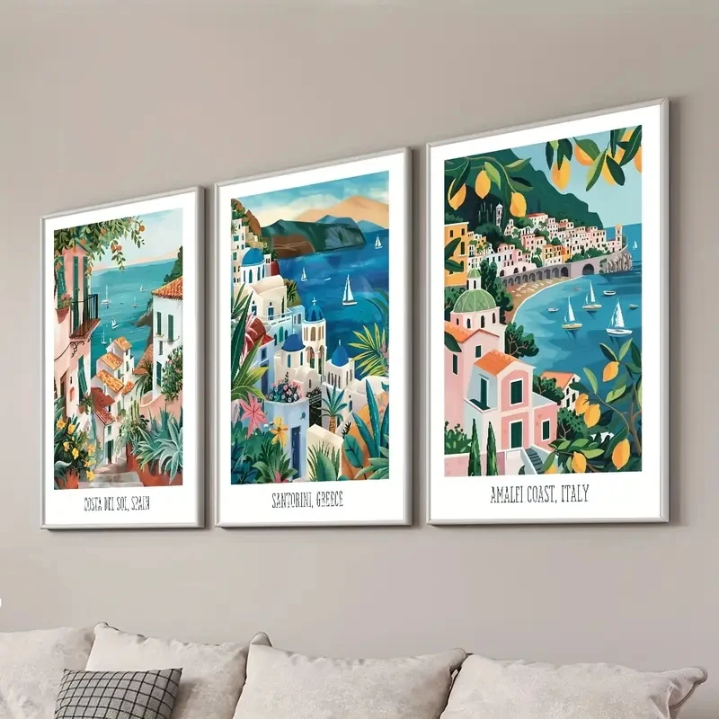 

3pcs/Set Mediterranean Scenery, European Travel Wall Art Canvas Summer Coast Paintings Italy Greece Spain Modern Home Decoration
