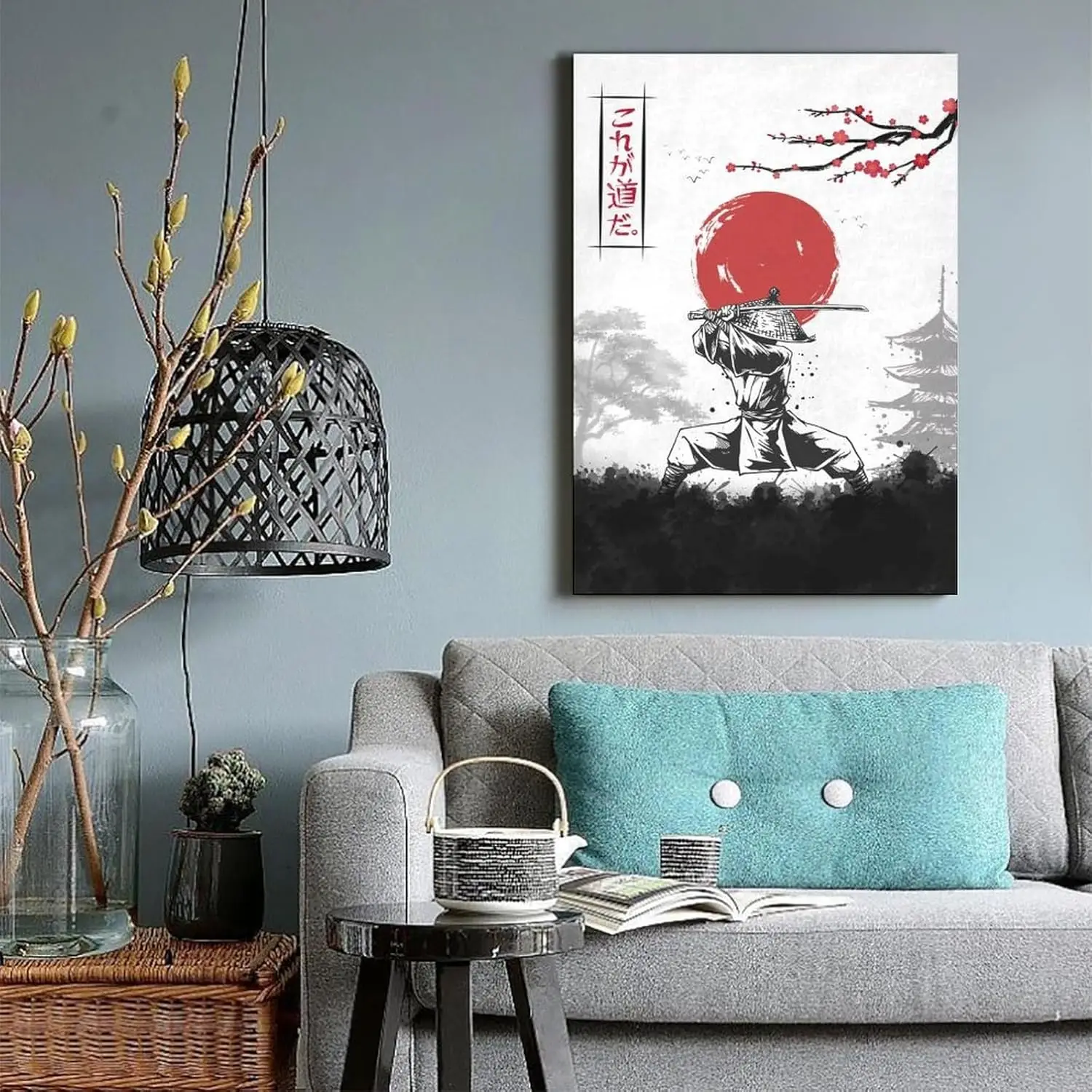 Decorative paintings, posters, and murals depicting Japanese samurai, the Red Sun, living rooms, bedrooms, and offices