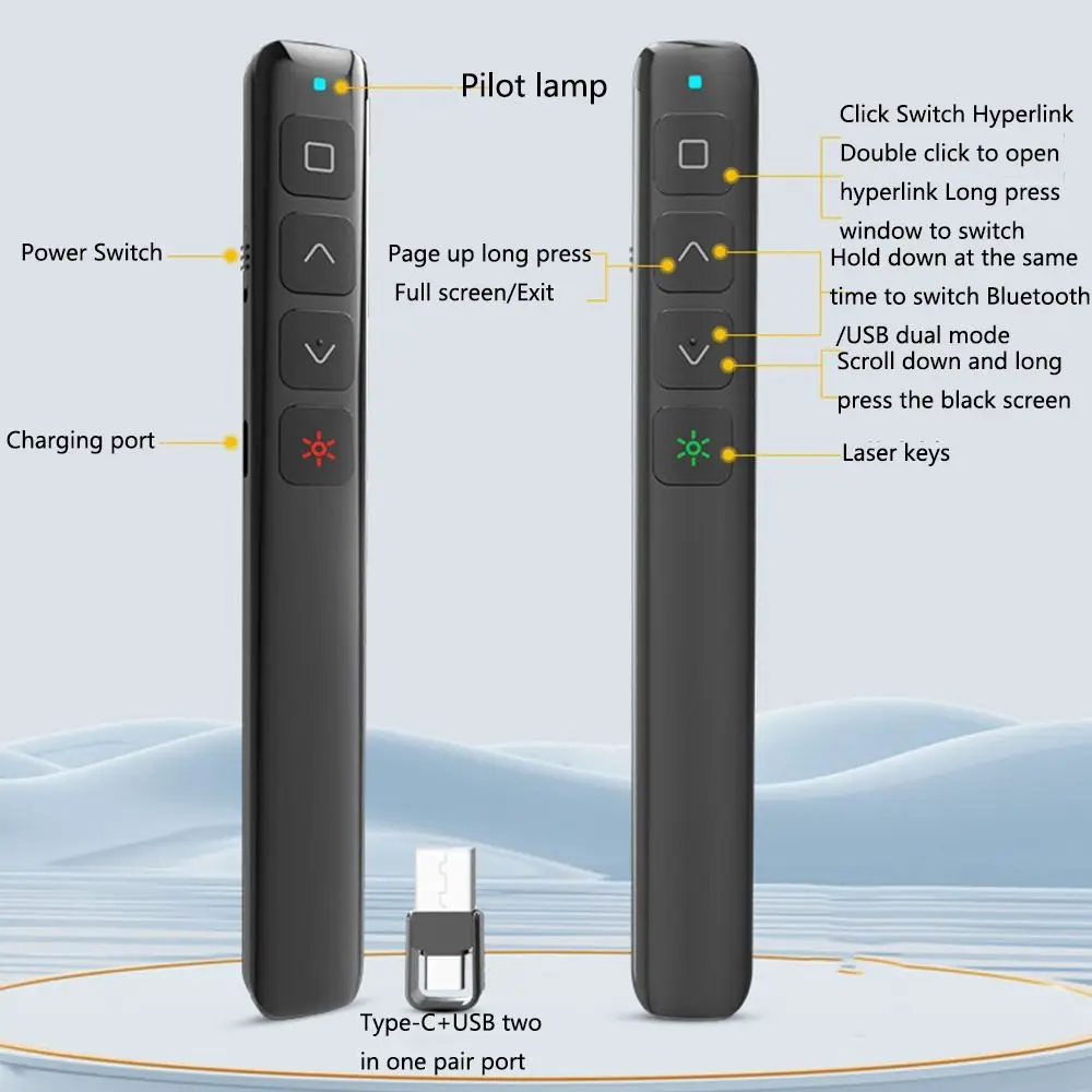 Red Light Wireless Presentation Clicker Rechargeable Hyperlink PPT Page Flip Pen One-touch Keys Multi-Function