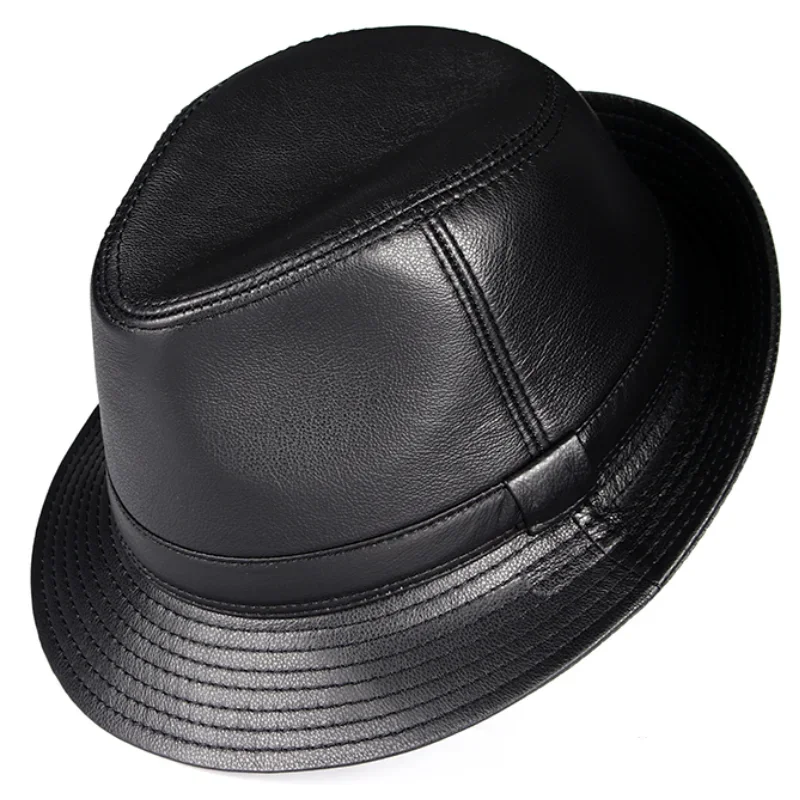 Real Leather Quality Genuine  Jazz Fedora Gentleman  SheepSkin Short Brim Black/Brown Hip Pop Fitted Top Hat Male Shows