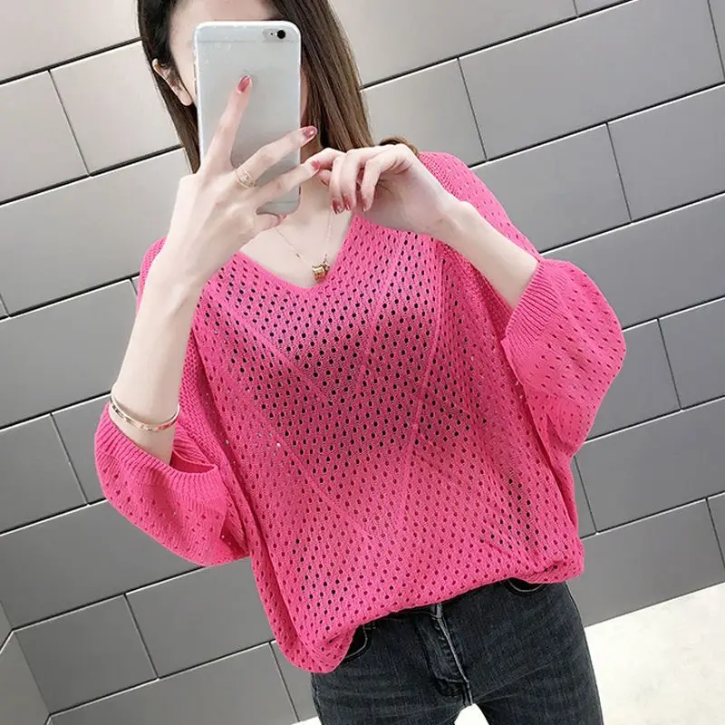 Ladies Fashion Mesh Hollowed Out See-through Pullover Sweater Tshirts Women Sexy Tops Female Girl Casual Knitted T-shirt Vy1606