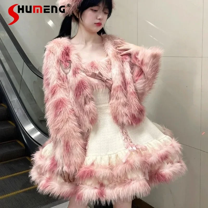 Japanische Süße Lolita Plüsch Fell Kurzen Mantel Rosa Kleid Zwei-stück Anzug Weibliche Winter Top Jacke Kawaii Slim Fit vestidos De Mujer