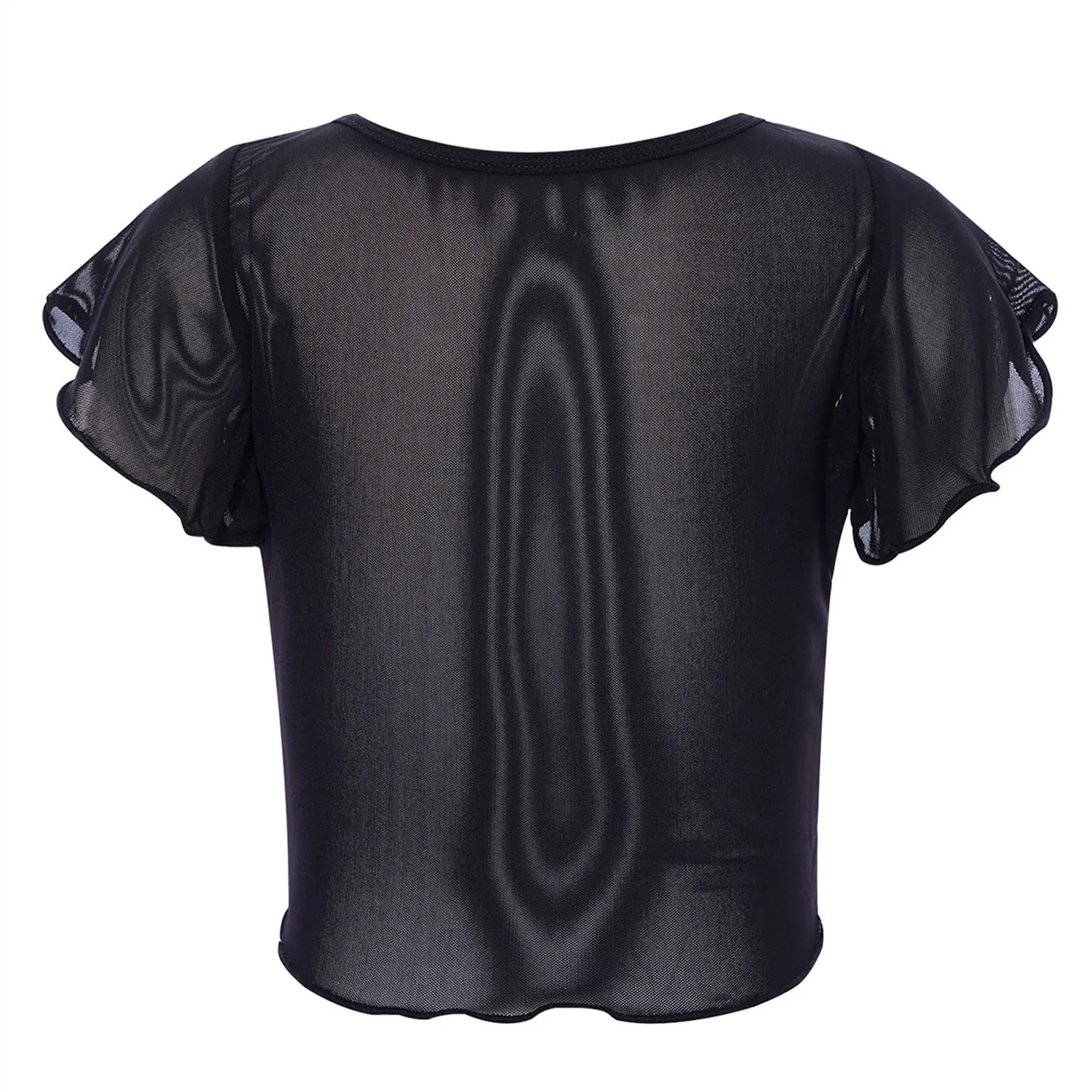 Roupa de ginástica para dança lírica infantil, collant de balé com decote em v, mangas com babados, top curto de malha transparente para patinação artística