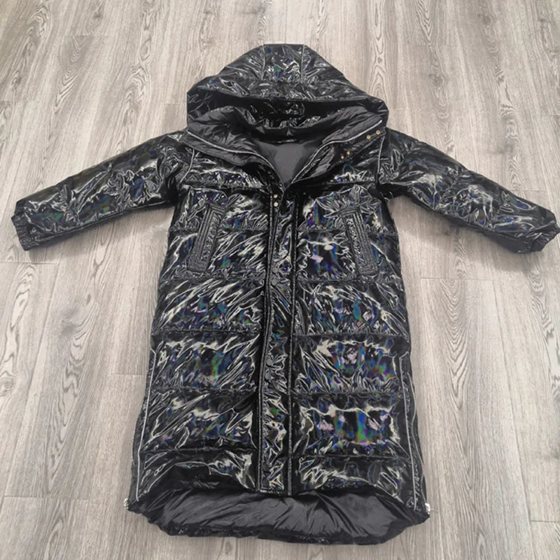 Glossy -30 Waterproof Thick Winter Long Down Coat Women Puffer Jacket Shiny Laser 90% White Duck Down Jacket Hooded Parka