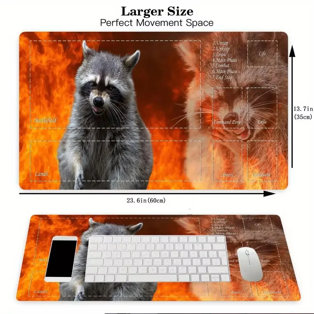 Raccoon Fire Background Large Gaming Desk Mat Non Slip Rubber Mousepad For PC Keyboard Home Office Table Decor