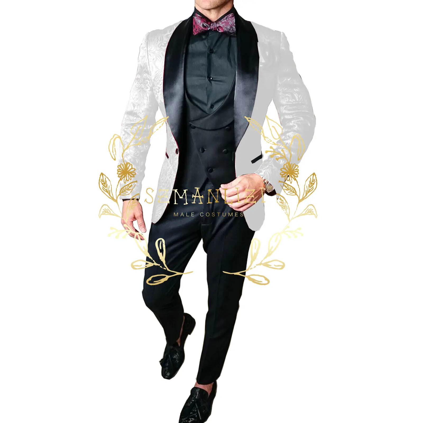 Mens Wedding Suits 2024 Handsome Design Custom Made Green Floral Smoking Tuxedo Jacket 3 Piece Groom Terno Suits For Men