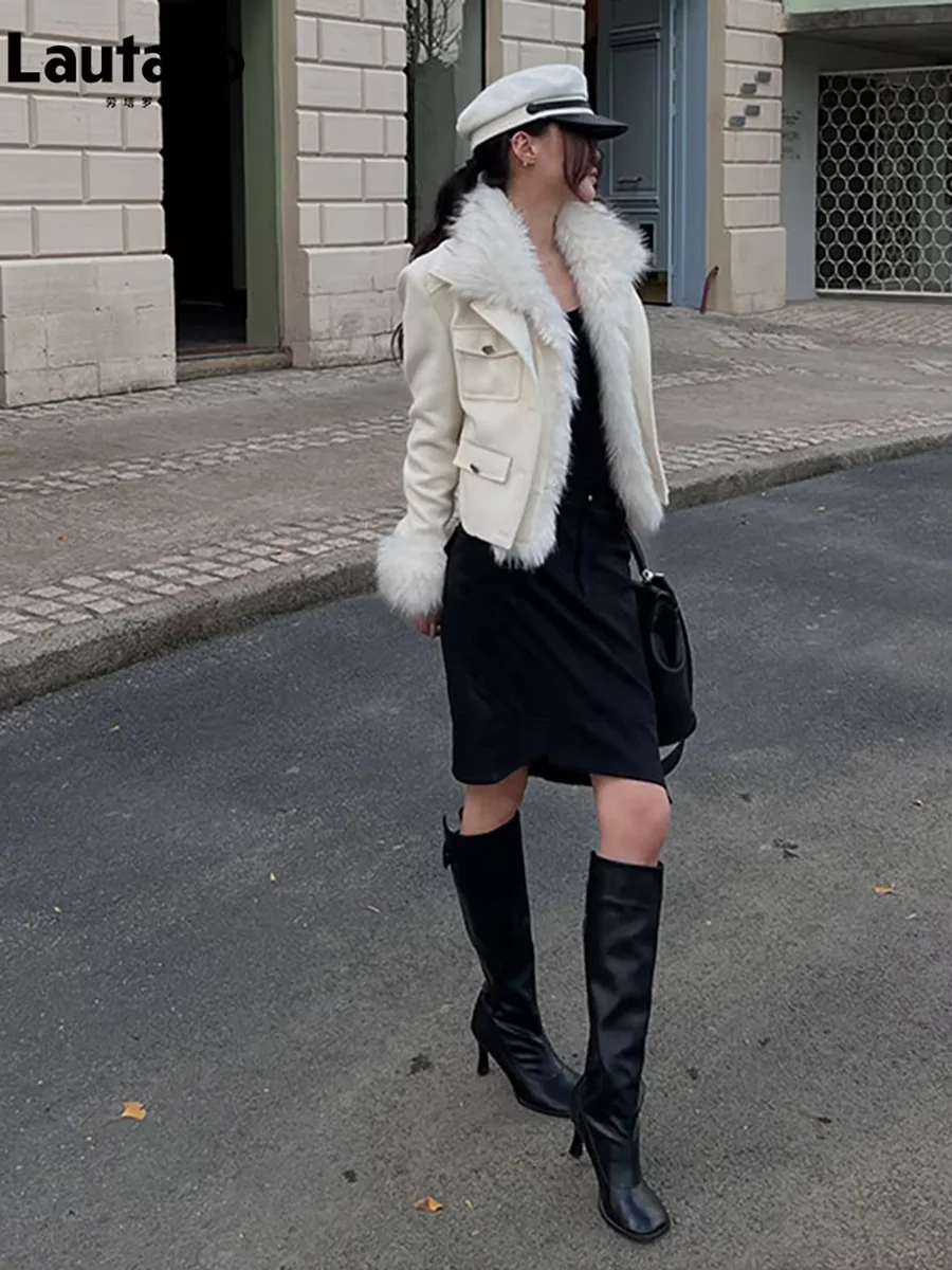 Lautaro Autumn Winter Short Fitted Thick Warm Woolen Coat Women with Faux Fur Trim Luxury High Quality Elegant Fluffy Jacket