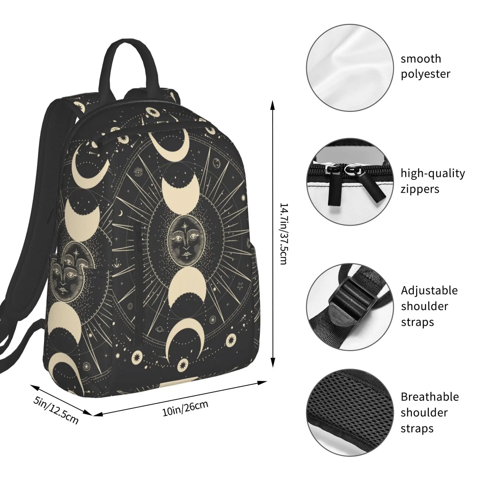 Moon Star Mystic Sun Astrology Tarot Goth Casual Backpack Unisex Outdoor Sports Travel Hiking Camping Backpacks Schoolbag