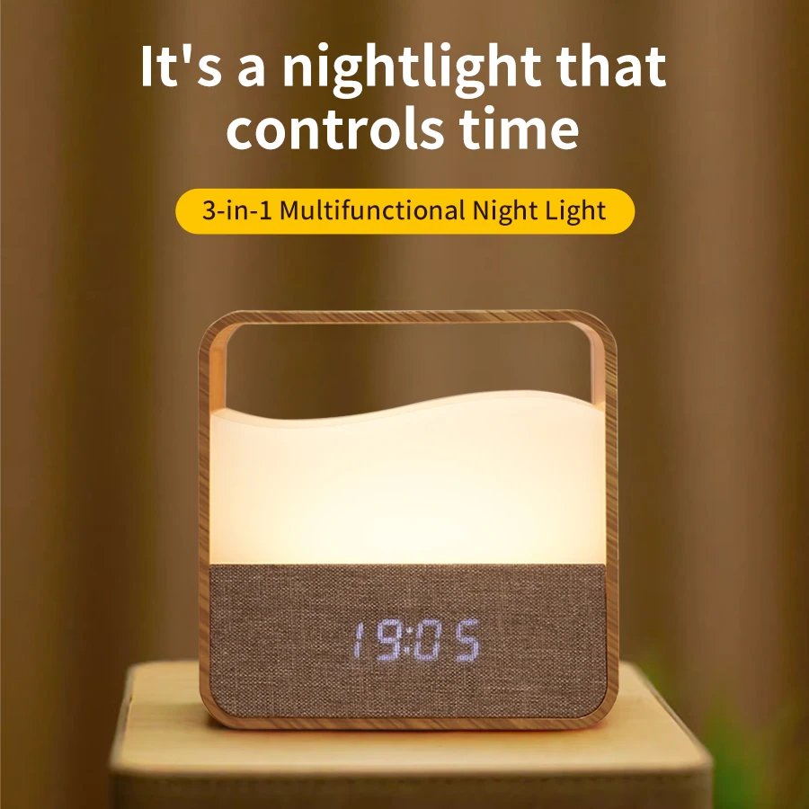 LED Night Light with Clock Digital Alarm Clock Rechargeable Bedside Lamp Dimmable Wake Up Light Table Clock 1500mAh Battery