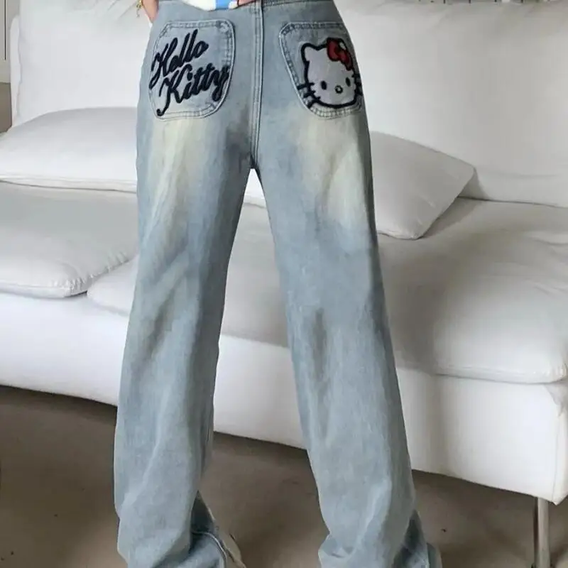 

Sanrio Embroidery Jeans Hello Kitty Straight Trousers Spring and Summer New Style National Trend Cute High Waist Loose Trousers
