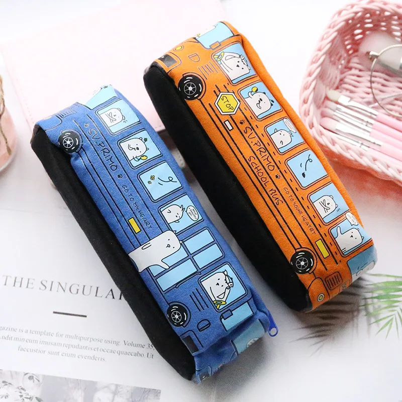 Caso Lápis de lona para Material Escolar, Papelaria Bag, Material Escolar, Ônibus, Kawaii, 1 Pc