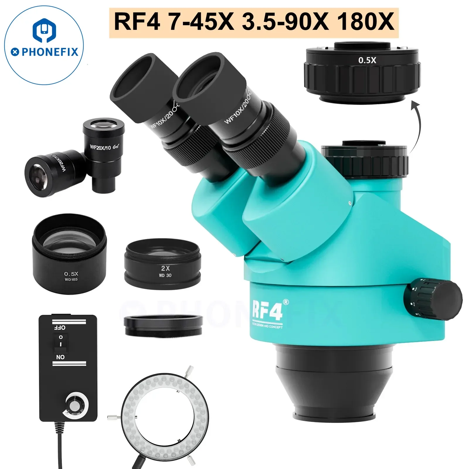 RF4 Trinocular Industrial Microscope Head 7-45X 3.5-90X 180X Simul Focal Continuous Zoom HD 10X 20X Wide Field Eyepiece Lens