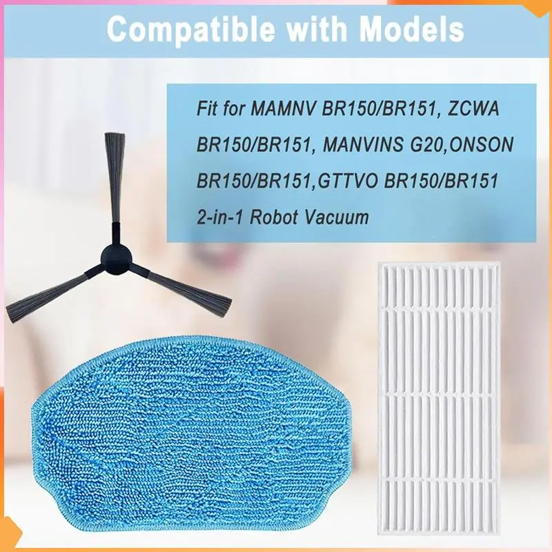 For MAMNV ZCWA ONSON GTTVO BR150/BR151 MANVINS G20, 2-In-1 Robot Vacuum Mop Pads Hepa Filters Side Brush Spare Parts Accessories