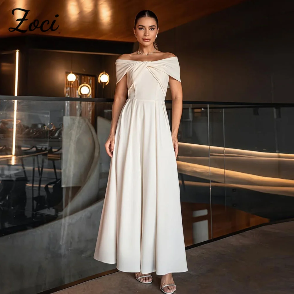 

Zoci Simple A Line Prom Dresses Off Shoulder Short Sleeve Arabic Dubai Evening Party Gown Customized Backless vestidos de festa