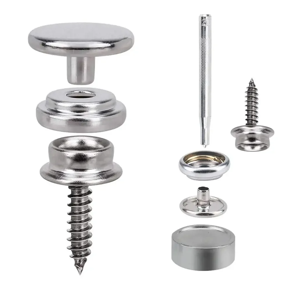 10/50sets Stainless Steel Marine Grade Canvas and Upholstery Boat Cover Snap Button Fastener Kit 15mm Screws Snaps with tool