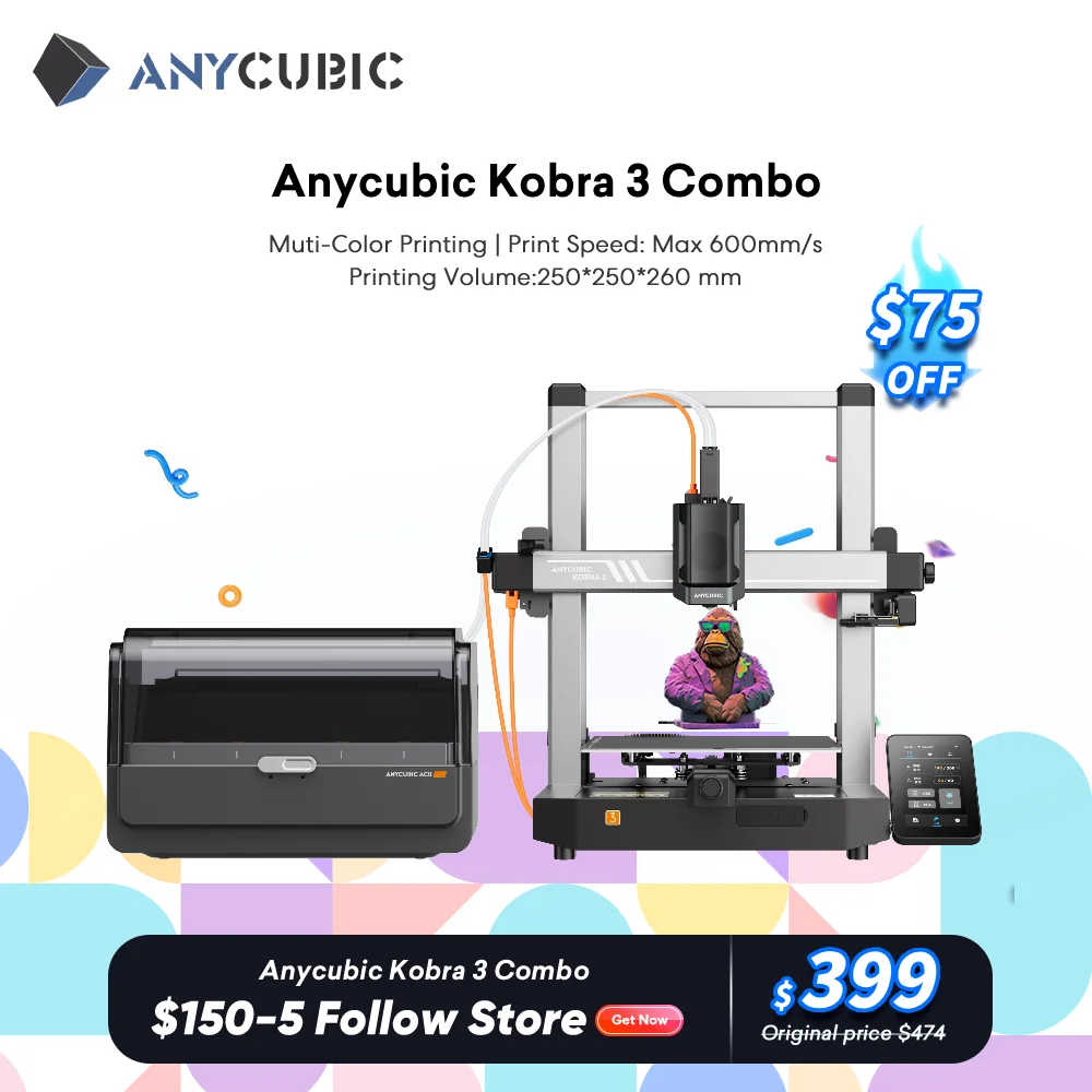 ANYCUBIC Kobra 3 Combo FDM Multi-Color 3D Printer Print in 4 to 8 Color With Max 600mm/s Printing Speed Build Size 250x250x260mm