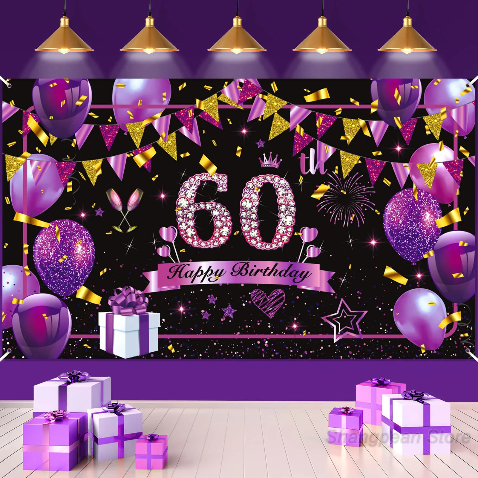 Dekorationen zum 60. Geburtstag, Banner „Happy Birthday“-Schild, großer, glänzender Hintergrund für Frauen, Geburtstag, Jahrestag, Partyzubehör