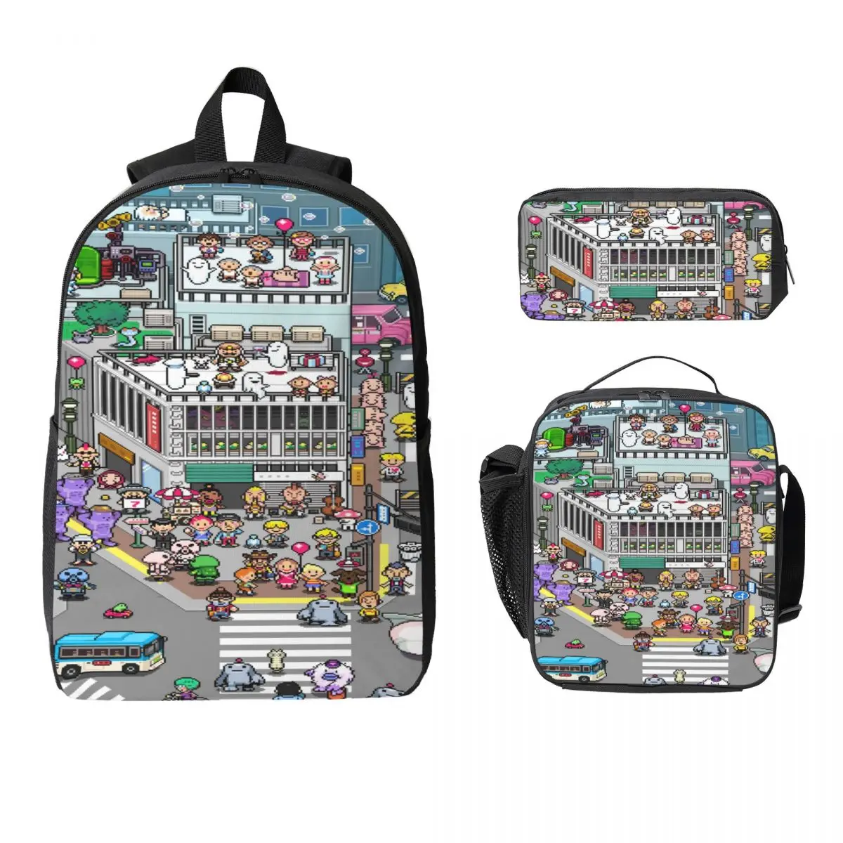 3Pcs Earthbound Mega Sprite Sheet merch Backpack Set for Children Pen Bags Bookbag Sets with Lunch Box For Students Knapsack