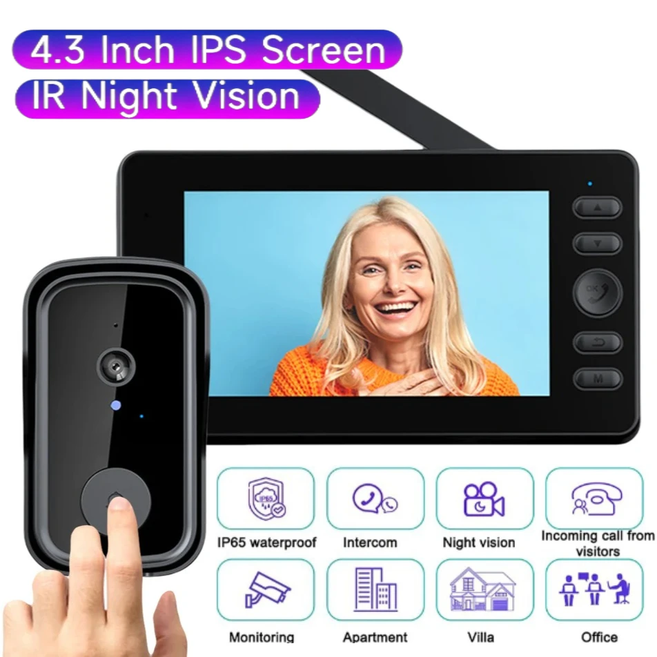 1080P Wireless Doorbells with 4.3 Screen 2-Way Audio Intercom Video Motion Detection Door Camera Smart Home Waterproof Doorbell