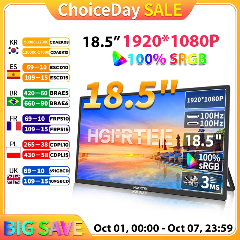 

HGFRTEE 18,5-дюймовый портативный монитор 100 Гц 100% RGB для ноутбука Расширенный дисплей ADS-IPS HDR-экран с отверстием VESA и задним кронштейном