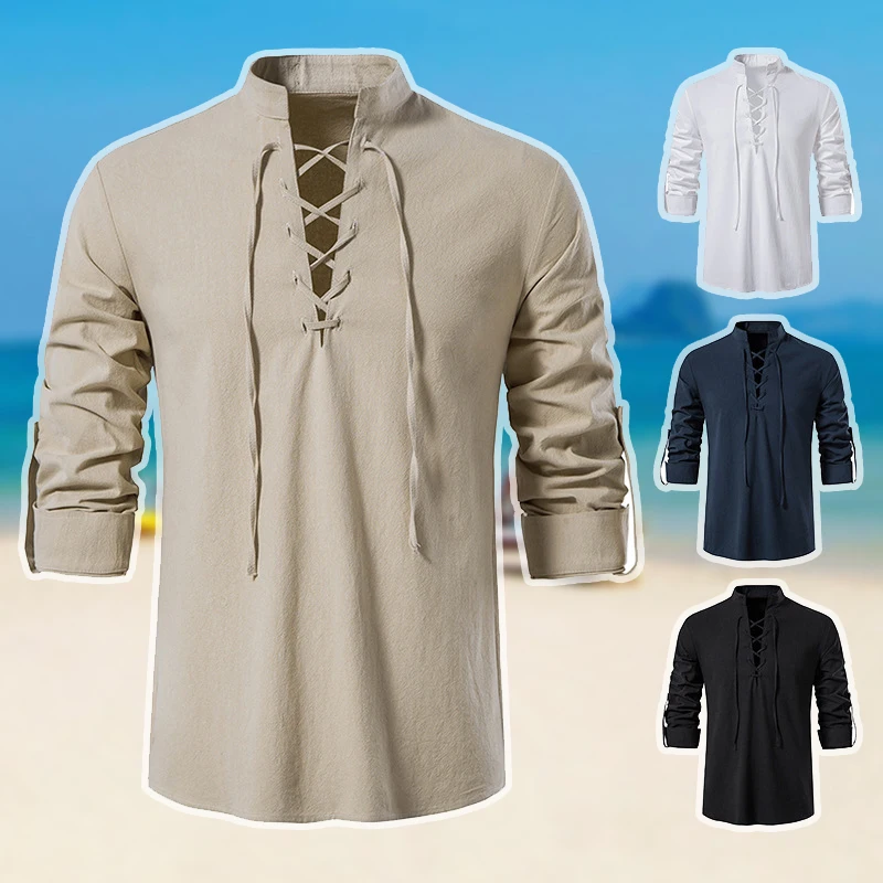 

WOBDAEL Mens Long Sleeve Cotton Linen Shirts Lace Up Stand Collar Clothes Retro Medieval Costume Pirate Shirt Autumn Clothing