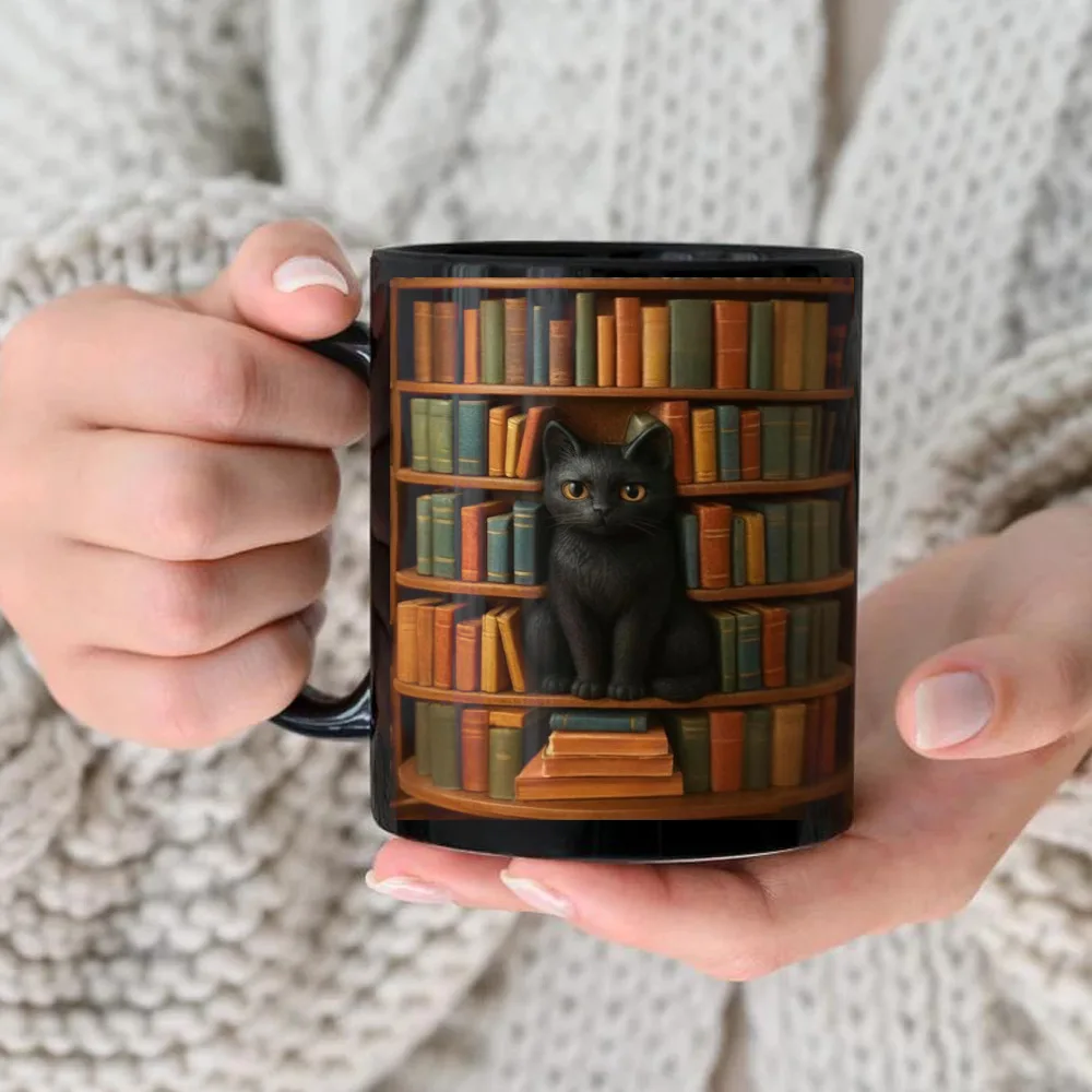 Black Cat Library Ceramic Coffee Mug, Library Themed Ceramic Water Cup