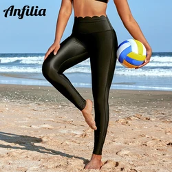 Anfilia Women Swimming Trunks Scalloped Design Skinny Tankini Bottom Solid Elastic Waistband Leggings High Waist Soft Swim Pants