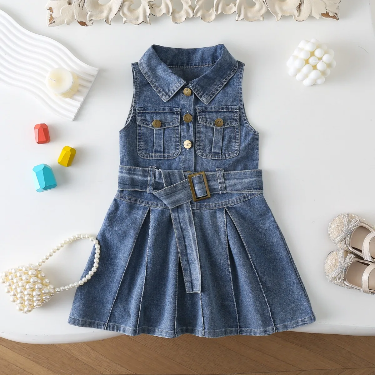 

2025 Summer Girls' Sleeveless Dress Children's Turn-down Collar Denim Dress 2-7Y Kids Casual Princess Dress with Belt