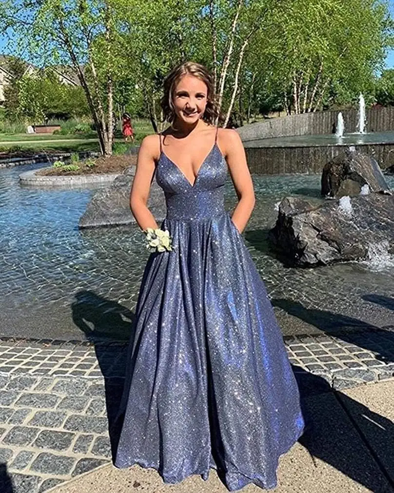 Vestidos de fiesta con purpurina para mujer 2025, vestido de fiesta formal largo y brillante con escote en V y bolsillos RPM223 Vestidos de fiesta