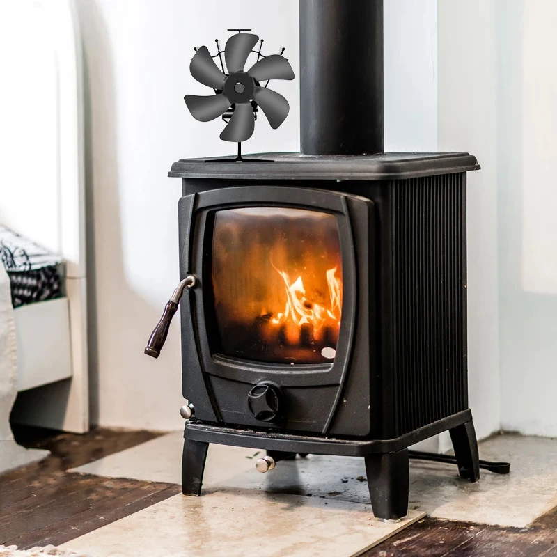 6 Blades Heat Powered Stove Fan Black Fireplace Fan Log Wood Burner Eco Quiet Fireplace Fan Home Efficient Heat Distribution
